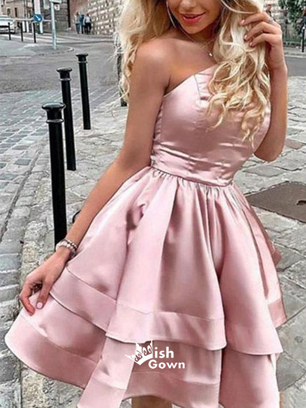 Pale Pink Satin One Shoulder Knee-length Graduation Homecoming Prom Dresses, WGP033