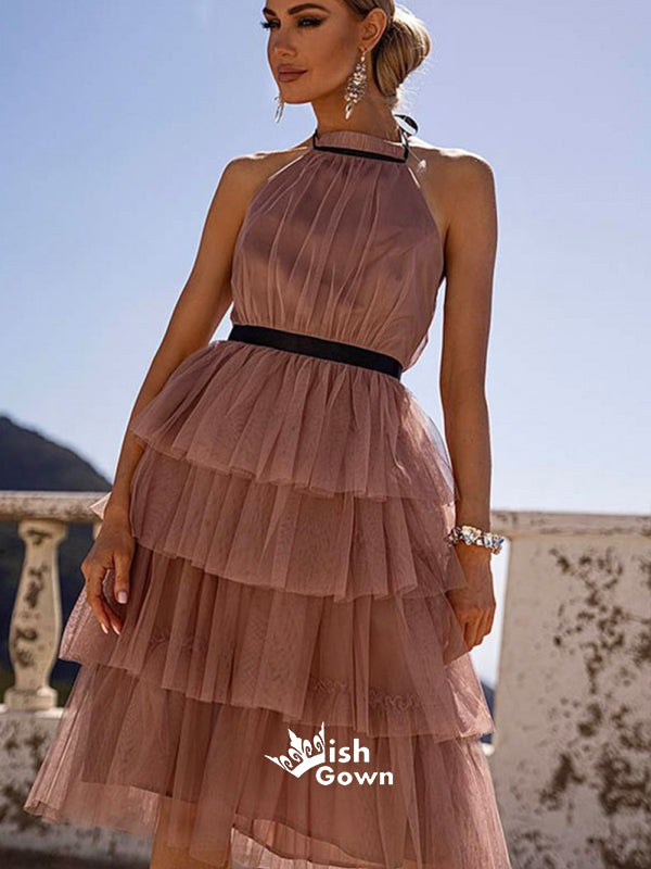 Gorgeous Dusty Rose Halter Knee-length Open Back Melaleuca Homecoming Prom Dress, WGP036