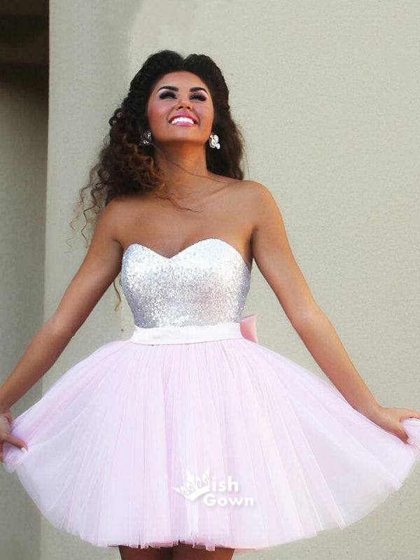 Light Pink Strapless Sweetheart Mini Sparkly Lovely Homecoming Prom Dress, WGP038