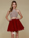 Red Two Pieces Halter Sparkly Open Back Chiffon A-Line Homecoming Prom Dress, WGP041