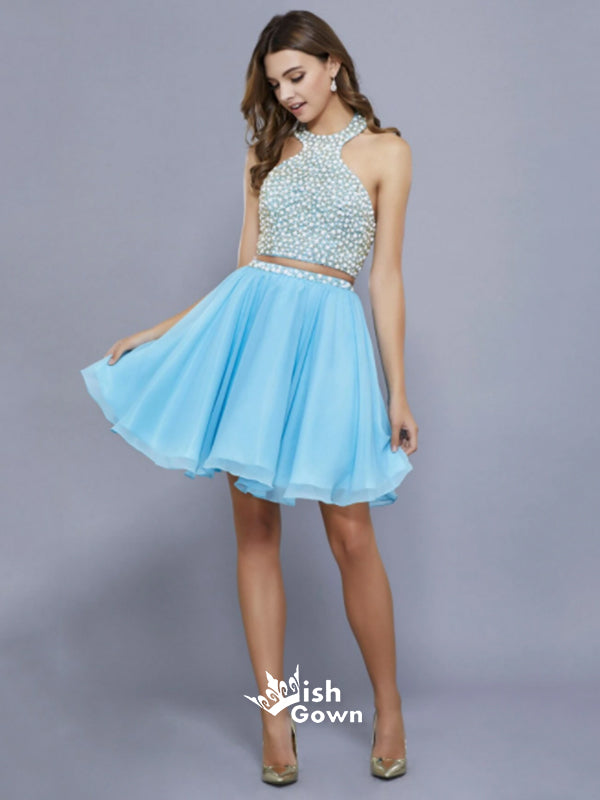 Sky Blue Two Pieces Sparkly Open Back Chiffon A-line Homecoming Prom Dress, WGP042