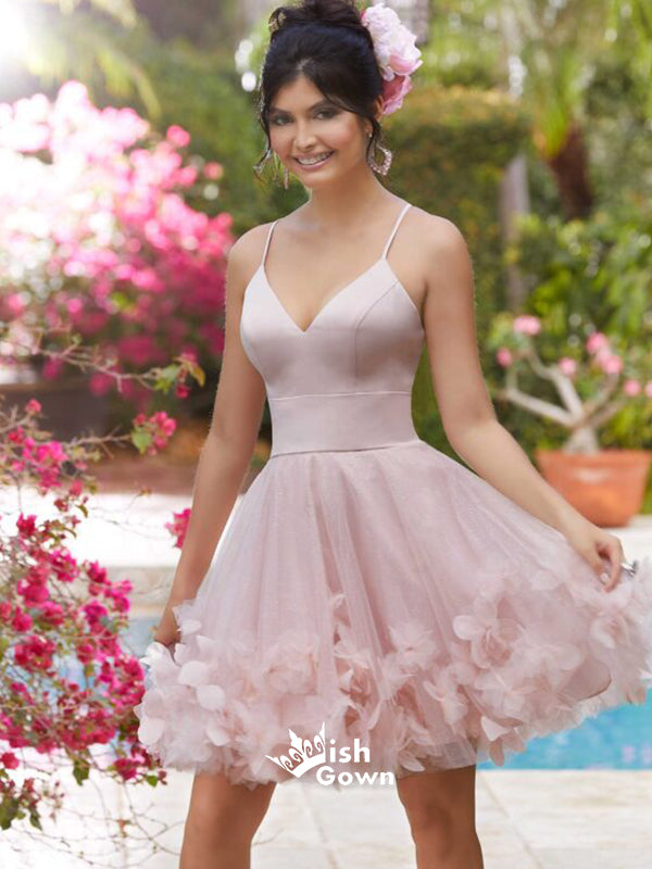 Popular Pink Spaghetti Strap Petal Tulle Short Homecoming Prom Gowns Dress, WGP044