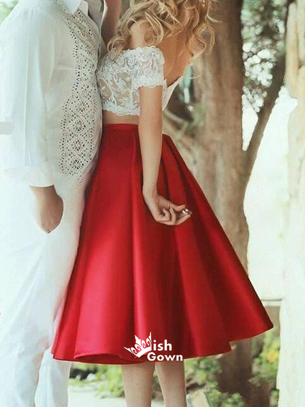Two Pieces Red Tea-length White Lace Top Off Shoulder Cocktail Homecom Wish Gown Two Pieces Red Tea-length White Lace Top Off Shoulder Cocktail Homecom Wish Gown
