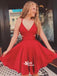 Red V-neck Spaghetti Strap Soft Satin Short Casual Prom Homecoming Dress, WGP049