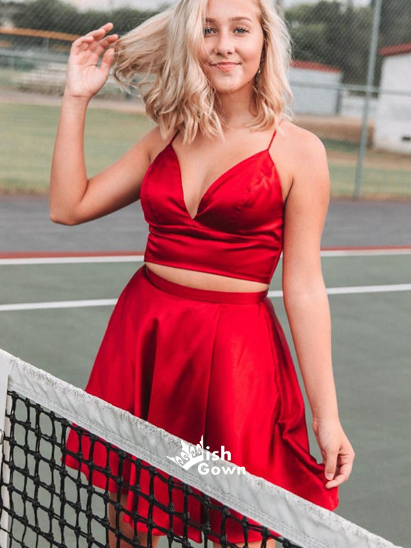 Modest Red Two Pieces Spaghetti Strap Freshman Casual Homecoming Prom Wish Gown Modest Red Two Pieces Spaghetti Strap Freshman Casual Homecoming Prom Wish Gown
