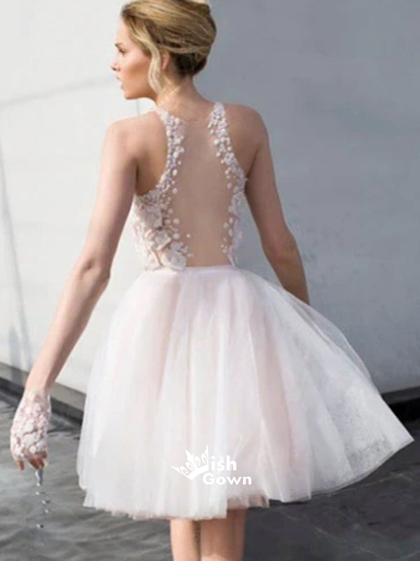 Elegant Halter Lace A-line Tulle Short Beaded Backless Wedding Bridesmaid Homecoming Prom Dress, WGP056