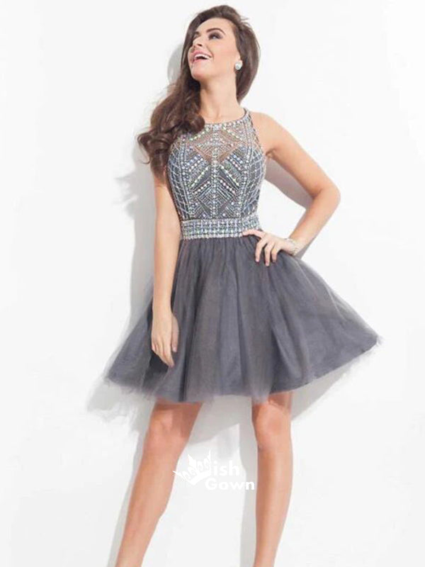 Rhinestone Short Grey Homecoming Dresses Charming Grey Beading Rhinestone Sequins Prom Dresses 2024 A-Line Rhinestone Short Grey Homecoming Dresses Charming Grey Beading Rhinestone Sequins Prom Dresses 2024 A-Line