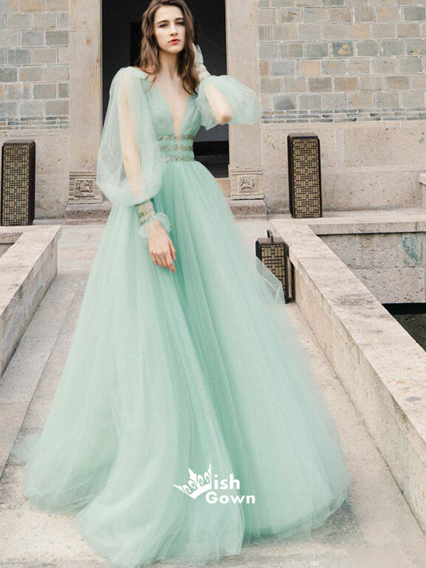 Mint Green A-line Deep V-neck Beaded Long Sleeves Evening Gown Prom Dr Wish Gown Mint Green A-line Deep V-neck Beaded Long Sleeves Evening Gown Prom Dr Wish Gown