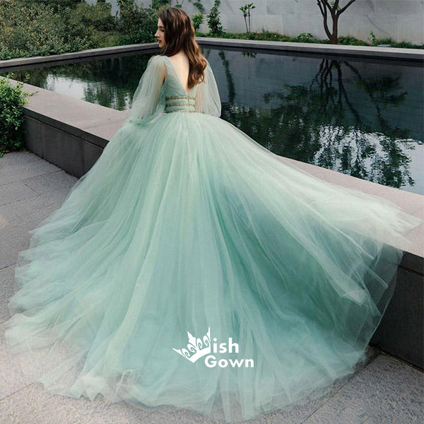 Mint Green A-line Deep V-neck Beaded Long Sleeves Evening Gown Prom Dr Wish Gown Mint Green A-line Deep V-neck Beaded Long Sleeves Evening Gown Prom Dr Wish Gown