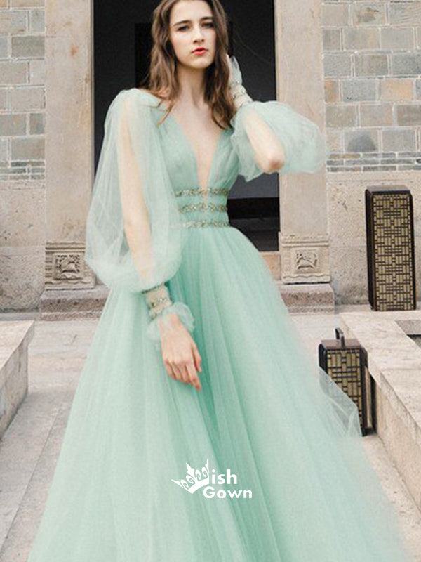 Mint Green A-line Deep V-neck Beaded Long Sleeves Evening Gown Prom Dr Wish Gown Mint Green A-line Deep V-neck Beaded Long Sleeves Evening Gown Prom Dr Wish Gown