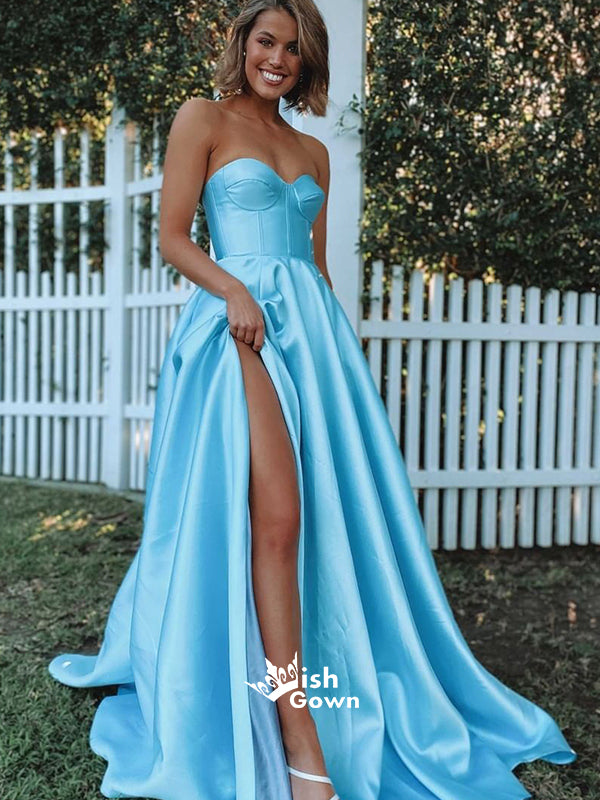 Sky Blue Satin Strapless Sweetheart Side Split Evening Long Prom Dress Wish Gown Sky Blue Satin Strapless Sweetheart Side Split Evening Long Prom Dress Wish Gown