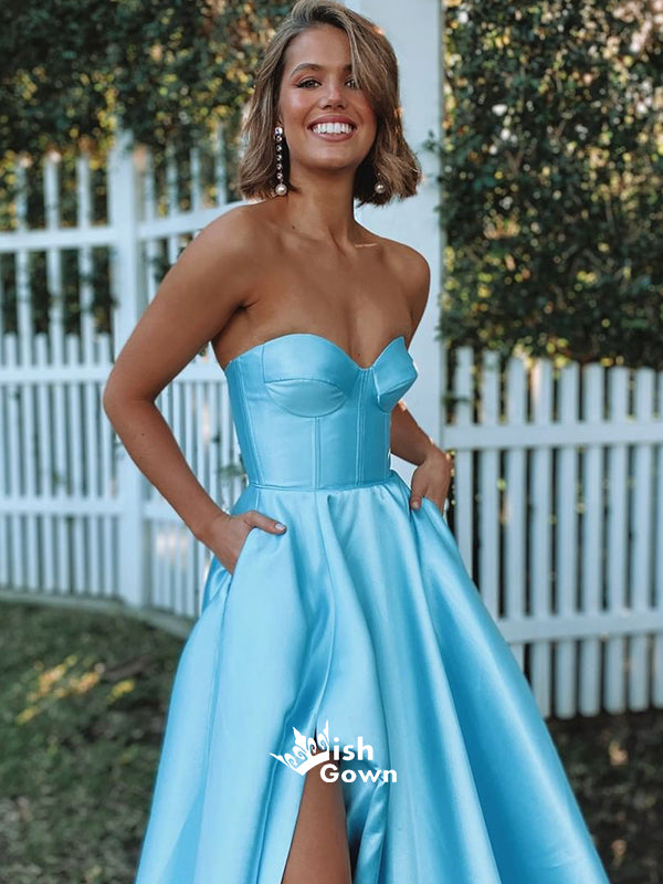 Sky Blue Satin Strapless Sweetheart Side Split Evening Long Prom Dress Wish Gown Sky Blue Satin Strapless Sweetheart Side Split Evening Long Prom Dress Wish Gown