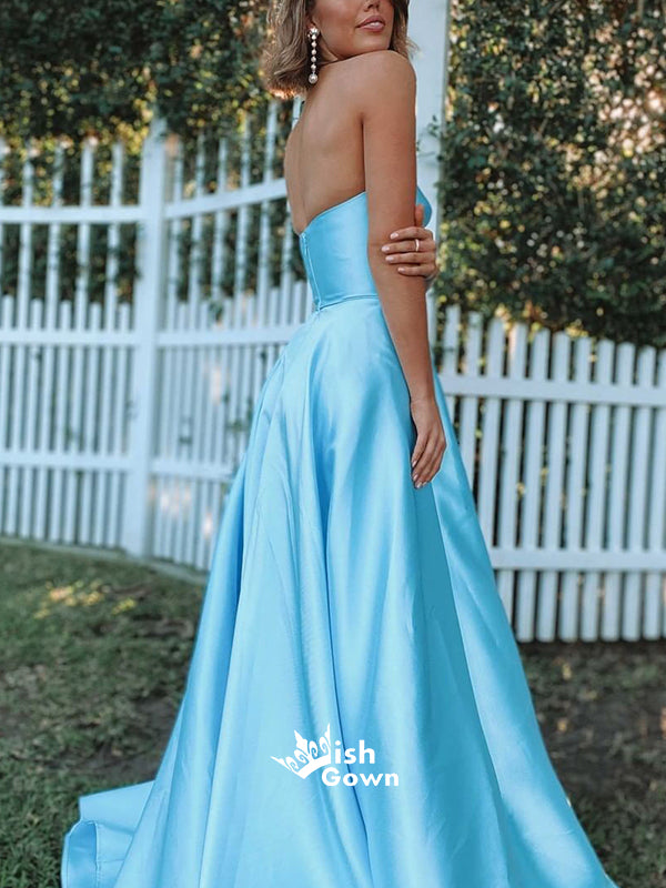 Sky Blue Satin Strapless Sweetheart Side Split Evening Long Prom Dress Wish Gown Sky Blue Satin Strapless Sweetheart Side Split Evening Long Prom Dress Wish Gown