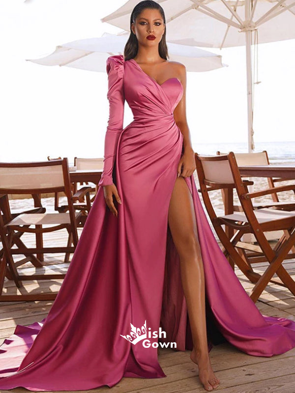 Peach Pink Split Side Satin One Shoulder Long Sleeve A-line Long Prom Wish Gown Peach Pink Split Side Satin One Shoulder Long Sleeve A-line Long Prom Wish Gown