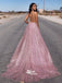 Sparkle Dusty Pink Deep V-neck Backless Long A-line Evening Prom Dresses, WGP070