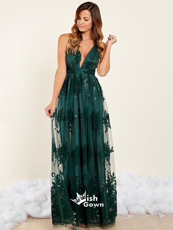 Charming Teal Green Tulle Spaghetti Strap Lace Backless Long Prom Dres Wish Gown Charming Teal Green Tulle Spaghetti Strap Lace Backless Long Prom Dres Wish Gown