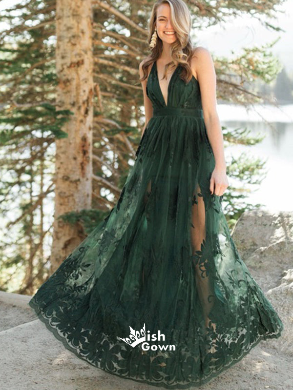 Charming Teal Green Tulle Spaghetti Strap Lace Backless Long Prom Dres Wish Gown Charming Teal Green Tulle Spaghetti Strap Lace Backless Long Prom Dres Wish Gown