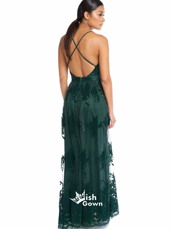 Charming Teal Green Tulle Spaghetti Strap Lace Backless Long Prom Dres Wish Gown Charming Teal Green Tulle Spaghetti Strap Lace Backless Long Prom Dres Wish Gown