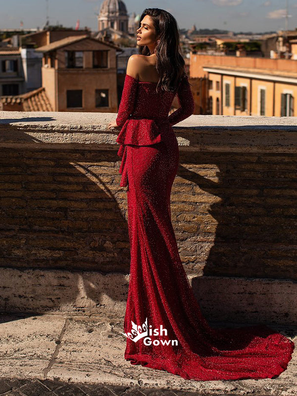 Elegant Red Long Sleeve Off Shoulder Sequins Side Split Mermaid Long P Wish Gown Elegant Red Long Sleeve Off Shoulder Sequins Side Split Mermaid Long P Wish Gown