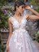 Pale Pink Tulle V-back Appliques Flowers A-line Evening Long Prom Dresses, WGP075