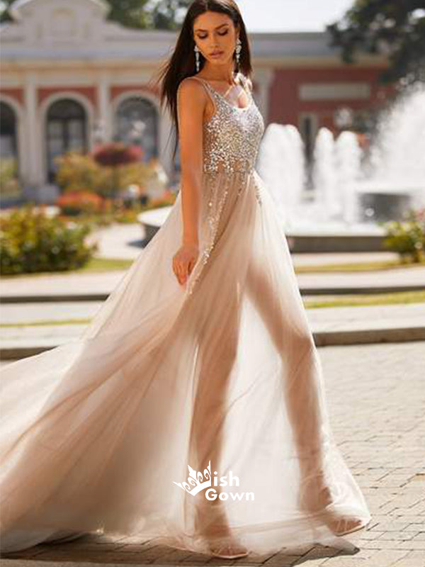 Silver Sparkly Sequins Top Light Grey Tulle V Neck Backless Charming L Wish Gown Silver Sparkly Sequins Top Light Grey Tulle V Neck Backless Charming L Wish Gown