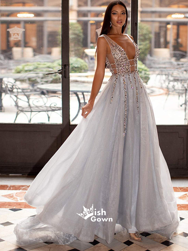 Charming Silver V-Neck Sequins Sexy Backless Organza A-line Evening Sp Wish Gown Charming Silver V-Neck Sequins Sexy Backless Organza A-line Evening Sp Wish Gown