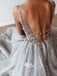 Charming Silver V-Neck Sequins Sexy Backless Organza A-line Evening Sparkly Long Prom Dress, WGP078