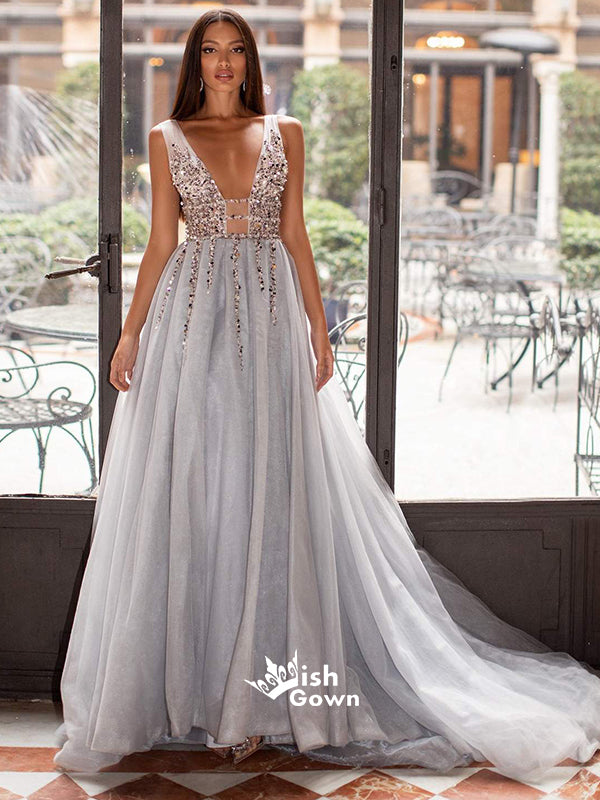 Charming Silver V-Neck Sequins Sexy Backless Organza A-line Evening Sp Wish Gown Charming Silver V-Neck Sequins Sexy Backless Organza A-line Evening Sp Wish Gown