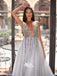 Charming Silver V-Neck Sequins Sexy Backless Organza A-line Evening Sparkly Long Prom Dress, WGP078