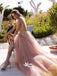 Simple Dusty Pink A-line Tulle Deep V-neck Long Evening Prom Party Dress With Trailing, WGP085