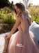 Simple Dusty Pink A-line Tulle Deep V-neck Long Evening Prom Party Dress With Trailing, WGP085