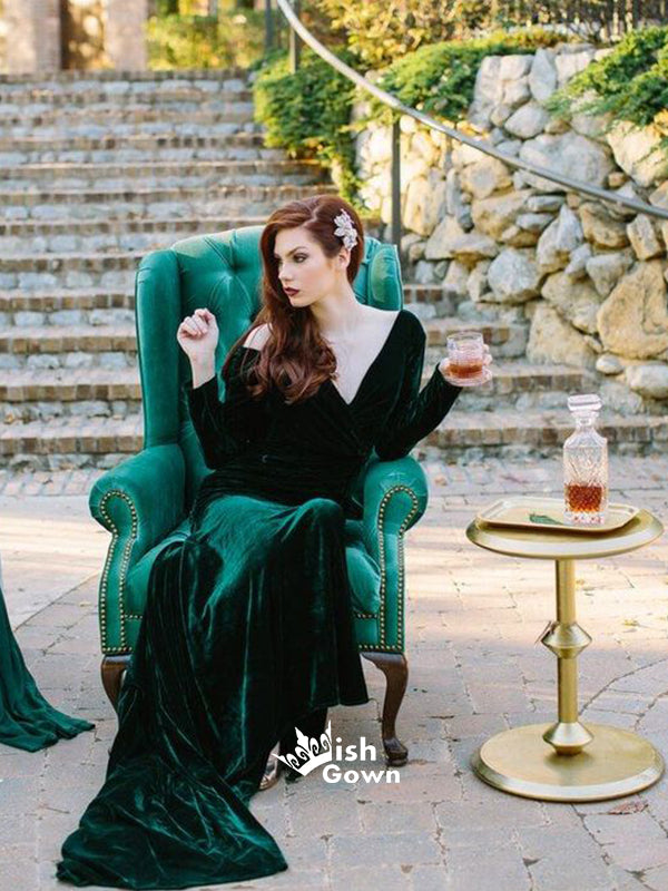 Dark Green Velvet Long Sleeves Sexy V-back Mermaid Long Prom Dress, WG Wish Gown Dark Green Velvet Long Sleeves Sexy V-back Mermaid Long Prom Dress, WG Wish Gown