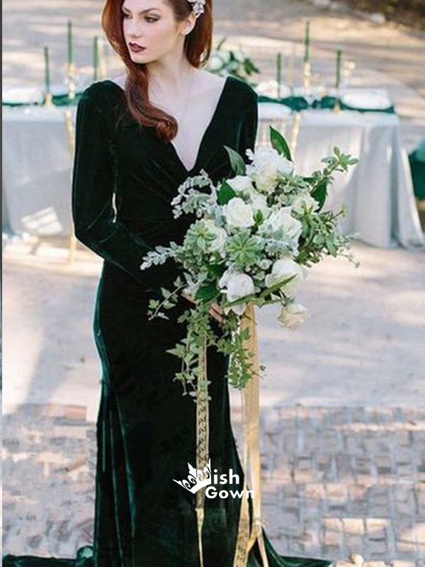 Dark Green Velvet Long Sleeves Sexy V-back Mermaid Long Prom Dress, WG Wish Gown Dark Green Velvet Long Sleeves Sexy V-back Mermaid Long Prom Dress, WG Wish Gown