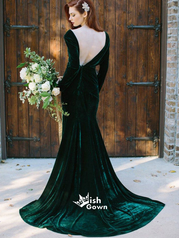 Dark Green Velvet Long Sleeves Sexy V-back Mermaid Long Prom Dress, WGP088