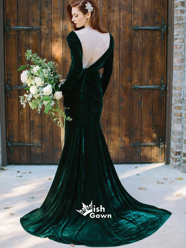 Dark Green Velvet Long Sleeves Sexy V-back Mermaid Long Prom Dress, WG Wish Gown Dark Green Velvet Long Sleeves Sexy V-back Mermaid Long Prom Dress, WG Wish Gown