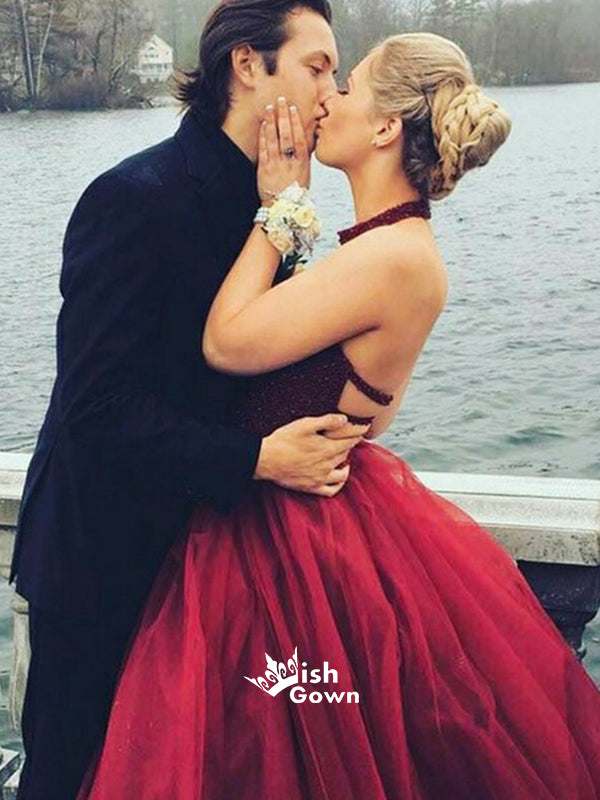 Burgundy A-line Tulle Sparkly Sequins Halter Top Long Wedding Party Pr Wish Gown Burgundy A-line Tulle Sparkly Sequins Halter Top Long Wedding Party Pr Wish Gown