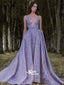 Dusty Purple Lace Appliques Deep V-neck A-line Organza Long Evening Prom Dress, WGP093