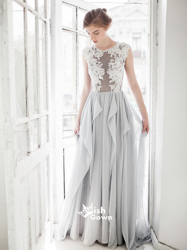 Grey Blue Chiffon A-line Appliques White Lace Top Cheap Wedding Dress Wish Gown Grey Blue Chiffon A-line Appliques White Lace Top Cheap Wedding Dress Wish Gown