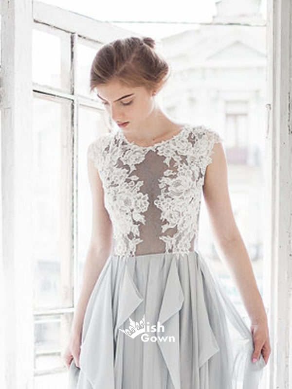 Grey Blue Chiffon A-line Appliques White Lace Top Cheap Wedding Dress Wish Gown Grey Blue Chiffon A-line Appliques White Lace Top Cheap Wedding Dress Wish Gown