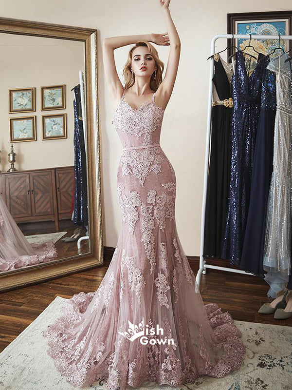 Pink Mermaid Spaghetti Straps Brush Applique Lace Evening Prom Dresses With Trailing, WGP097