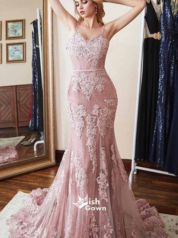 Pink Mermaid Spaghetti Straps Brush Applique Lace Evening Prom Dresses With Trailing, WGP097