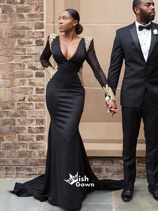 Black Satin Prom Dresses with Slit Off the Shoulder Evening Gown 24049 –  vigocouture