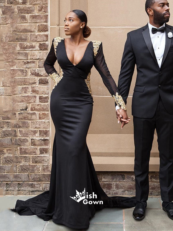 Black Satin Low Back Gold Appliques V-neck Mermaid Evening Long Prom D Wish Gown Black Satin Low Back Gold Appliques V-neck Mermaid Evening Long Prom D Wish Gown