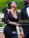 Black Satin Low Back  Gold Appliques V-neck Mermaid Evening Long Prom Dress With Trailing, WGP099