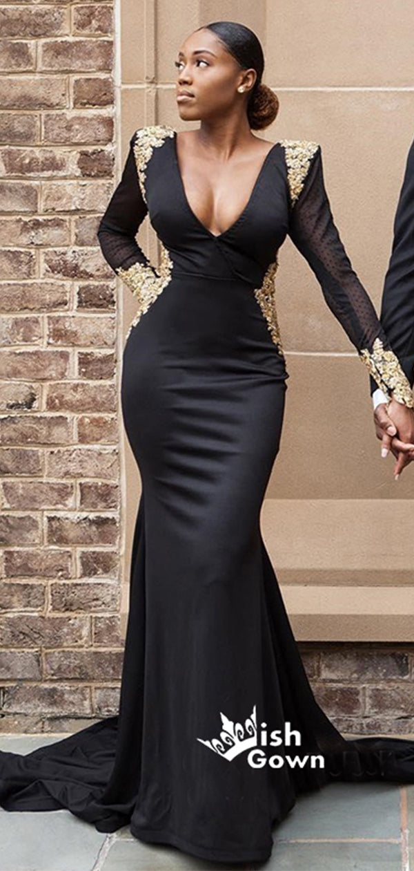 Black Satin Low Back Gold Appliques V-neck Mermaid Evening Long Prom D Wish Gown Black Satin Low Back Gold Appliques V-neck Mermaid Evening Long Prom D Wish Gown