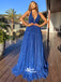 Sparkle Royal Blue Spaghetti Strap Gradient Tulle V-neck A-line Evening Party Long Prom Dresses, WGP101