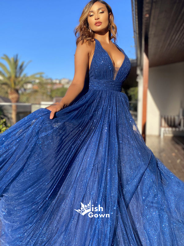 Sparkle Royal Blue Spaghetti Strap Gradient Tulle V-neck A-line Evening Party Long Prom Dresses, WGP101