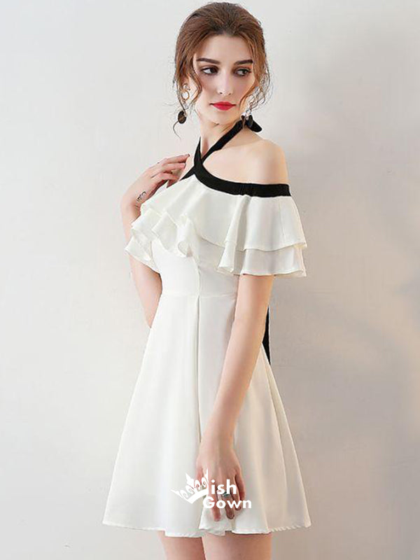 Simple White Chiffon Halter Rufful Short Cheap Graduation Homecoming Dresses, WGP106