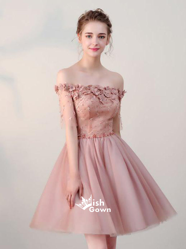 Light Pink Handmade Flowers Beading OfF Shoulder Tulle Homecoming Prom Dresses, WGP107