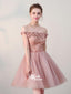 Light Pink Handmade Flowers Beading OfF Shoulder Tulle Homecoming Prom Dresses, WGP107